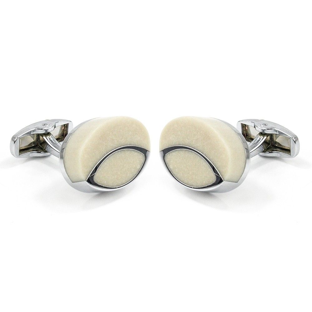24980P Oval Cream Stone Silver Lines Cufflinks