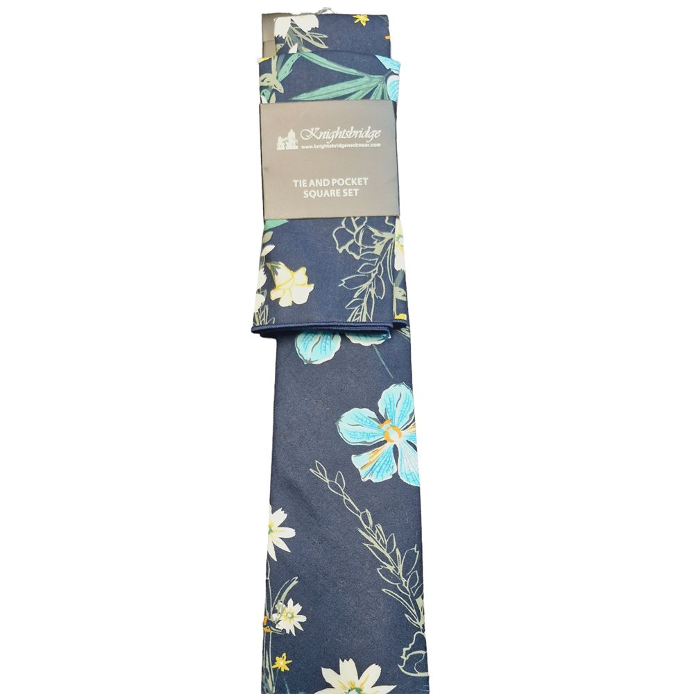 T8286-2 Knightsbridge Navy Cotton Tie & Pocket Square Set
