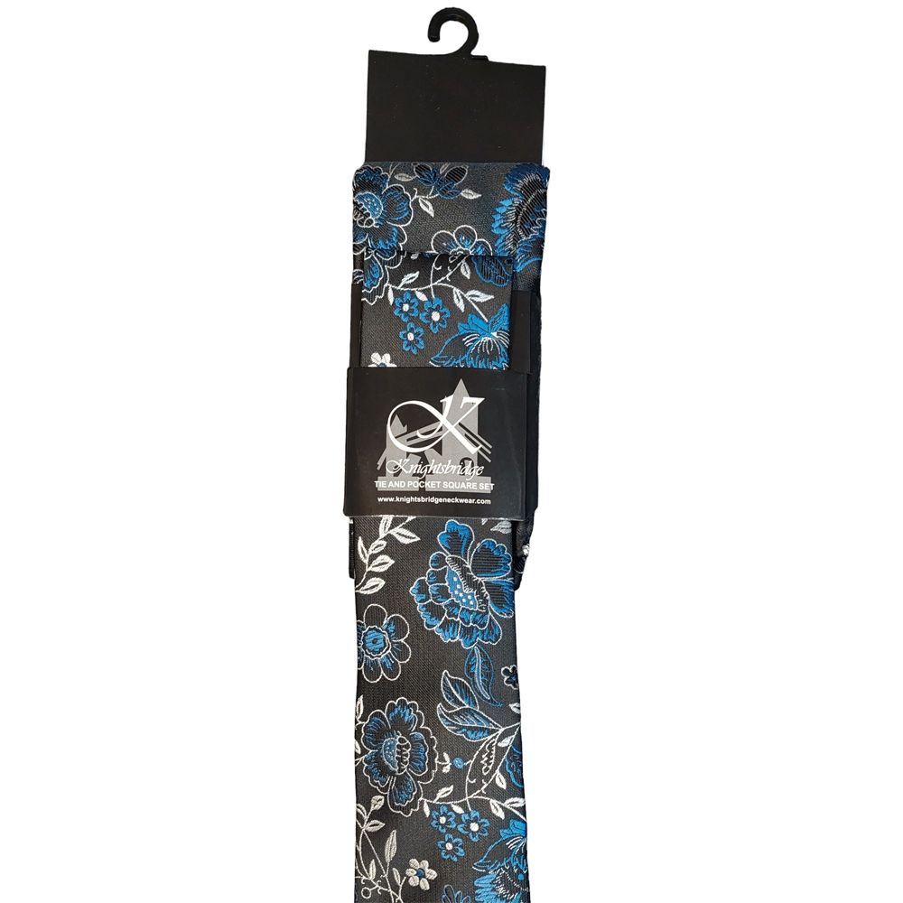 T874295 Knightsbridge Tie & Pocket Square Set - Black/Blue
