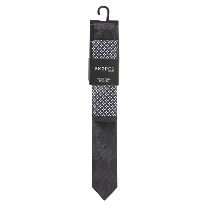 TA8853 Skopes Self Pattern Black Tie & Pocket Square Set